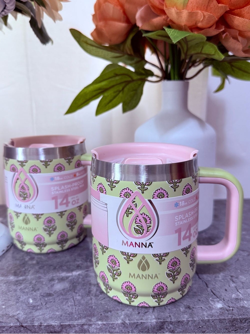 MANNA Pink & Green Floral Insulated Mug SET